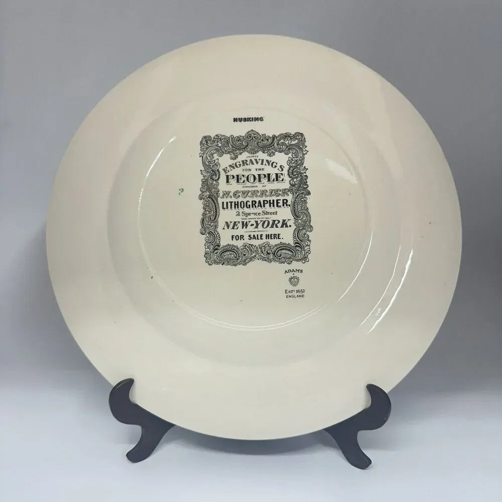 Vtg Adams Husking 10.5” Transferware Dinner Plate England Floral Farm Scene
